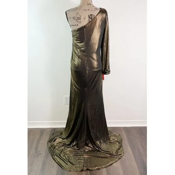 La Femme Curve NWT Metallic 28878 One Shoulder Long Sleeve Gown Black Gold 12 - Picture 4 of 7